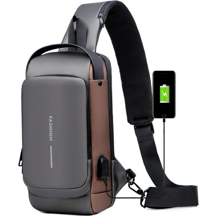 Sacoche Bandouliere Antivol Imperméable pour Sport Voyage Homme Sac de Poitrine avec Port de Charge USB Gris