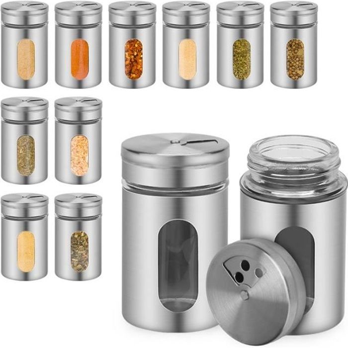 BMOT Bouteille d'épices 12 pièces bouteille d'assaisonnement en acier inoxydable shaker à épices avec couvercle rotatif