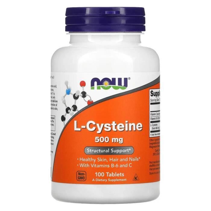 NOW FOODS L-Cysteine 500mg (L-Cystéine, Soutien structurel, peau, cheveux et ongles sains) 100 Comprimés