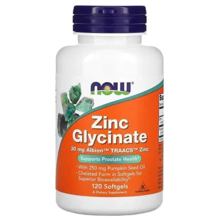 NOW FOODS Zinc Glycinate (Glycinate de zinc, Favorise la santé de la prostate) 120 Softgels
