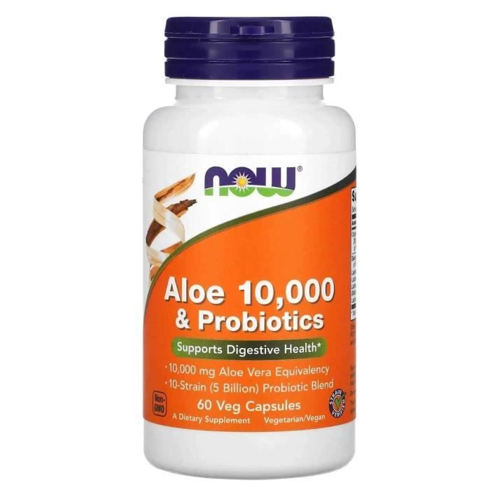 NOW FOODS Aloe 10,000 and Probiotics (Aloès et probiotiques) 60 Gélules Végétariennes