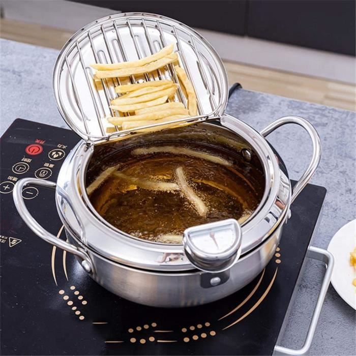 Friteuse Profonde, friteuse en Acier Inoxydable 20 - 24cm avec thermomètre et égouttoir d'huile Friteuse Japonaise Tempura Frit[411]