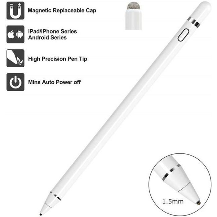 Stylet Tactile pour iPad - Stylet Capacitif Rechargeable avec Embouts Fins et Bouchon Rremplaçable, Crayon Actif Universel pour iPad