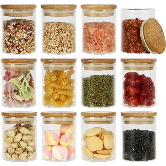 Yishik Lot 12 Bocaux Verre 200 Couvercle Bambou Épices Aliments Bonbons Thé Noix Collations