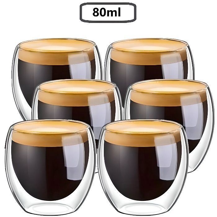 Tasse à café/Expresso/Espresso en Verre - 80ml - Set/Coffret de 6 Tasses à café Double paroi – Tasse Expresso Originale