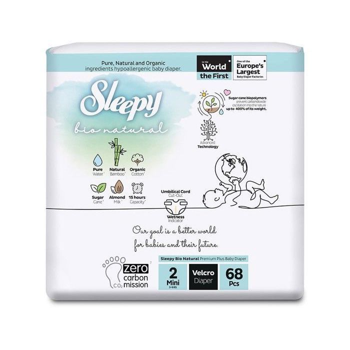 Sleepy Bio Natural - Certifiées Oeko Tex et hypoallergéniques T2 x 68 (3 à 6 Kilos)