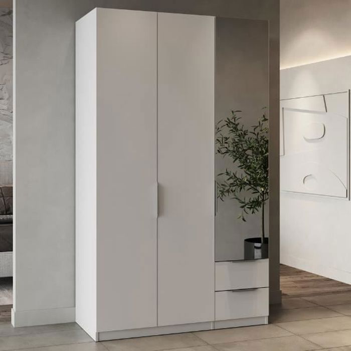 Armoire Spectre 120x51,4x203cm en panneaux de particules mélaminés blanc mat avec poignées en aluminium. Avec porte en miroir et ...