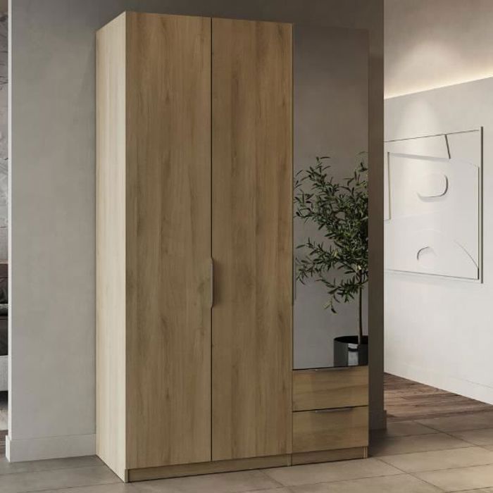 Armoire Spectre 120x51,4x203cm en panneaux de particules mélaminés en décor chêne avec poignées en aluminium. Avec porte en miroi...