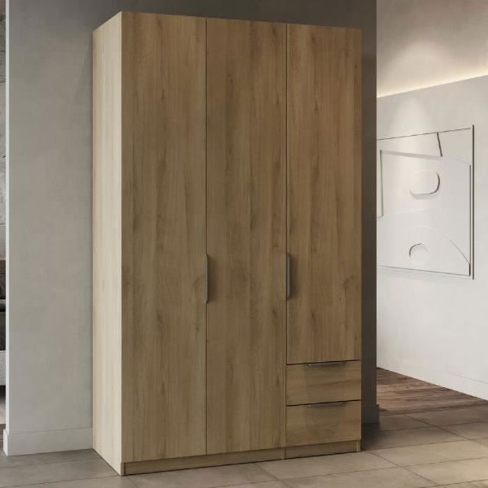 Armoire Spectre 120x51,4x203cm en panneaux de particules mélaminés décor chêne avec poignées en aluminium. Équipée d'une tringle ...