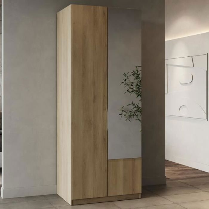 Penderie Spectre 80x51,4x203cm en aggloméré mélaminé en décor chêne avec poignées en aluminium. Avec miroir et tringle à vêtements.