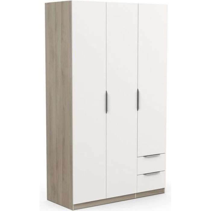 Armoire GHOST - Décor chêne kronberg et blanc mat - 3 Portes + 2 Tiroirs - L.119,4 x P.51,1 x H.203 cm - DEMEYERE