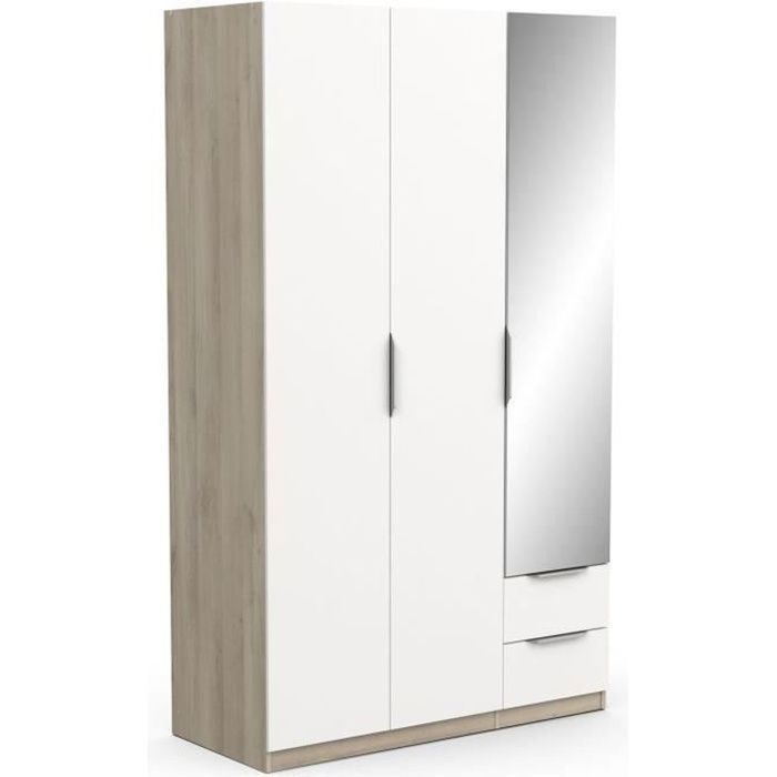 Armoire GHOST - Décor chêne kronberg et blanc mat - 3 Portes + 2 Tiroirs + 1 miroir - L.119,4 x P.51,1 x H.203 cm - DEMEYERE