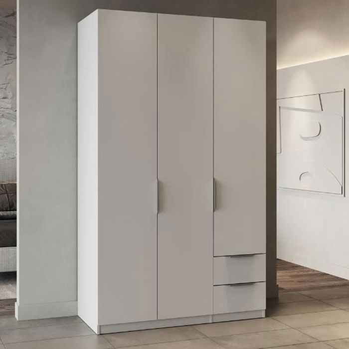 Armoire Spectre 120x51,4x203cm en panneaux de particules mélaminés blanc mat avec poignées en aluminium. Équipée d'une tringle à ...