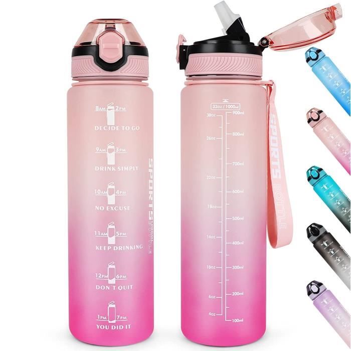 Bouteille d'eau de 1 L avec paille,passe au lave-vaisselle, couvercle anti-fuite, bouteille d'eau motivante avec marquages (Rose)
