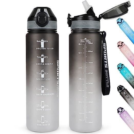 Bouteille d'eau de 1 L avec paille,passe au lave-vaisselle, couvercle anti-fuite, bouteille d'eau motivante avec marquages(Noir)