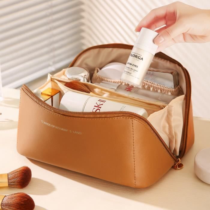 Trousse de Toilette Femme - Grande Capacité - Cuir PU Imperméable - Sac de Voyage - Marron