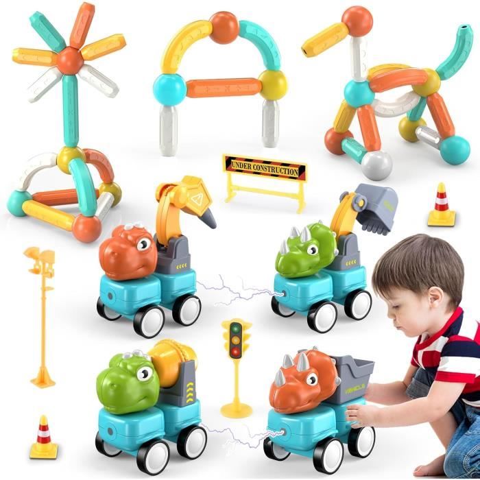 58PCS Blocs de Construction Magnétiques avec Voiture Dinosaure, Jouets éducatifs créatifs pour la prématernelle pour garçons filles