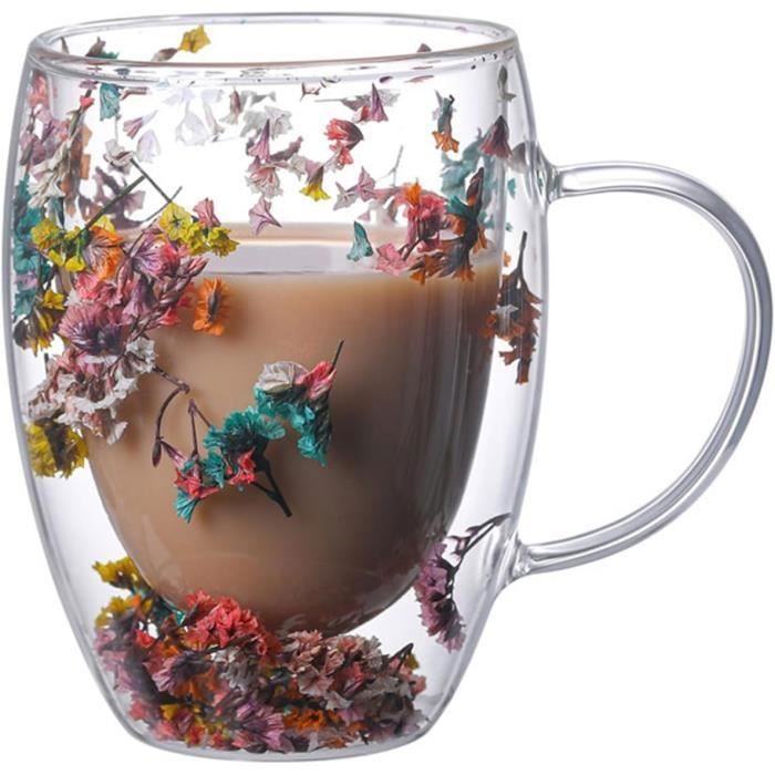 Tasse En Verre À Double Paroi Avec Fleurs Sèches, Escargots De Mer, Conques, Garnitures À Paillettes Pour Café, Jus, Lait, J[u1511]