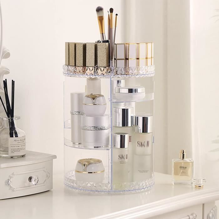 Organisateur Maquillage - 360° Rotatif - Séparateurs Ajustables - Couleur Gris - Gain de Place