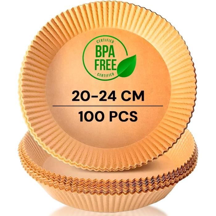 Papier Cuisson Air Fryer, pour Friteuse sans Huile,100 Unitès,BPA Free,Jetable, pour Four,5 à 8 litres (Rond, 20-24 cm)