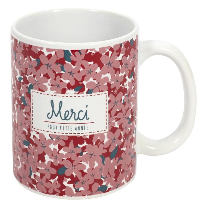 Mug Fleuri en Céramique "Merci" 30cl Rose