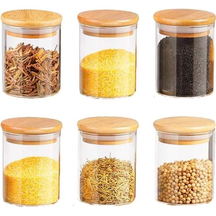 Bocaux en verre - Non spécifié - Lot de 6 - Couvercles en bambou - Étiquettes incluses - 150 ml