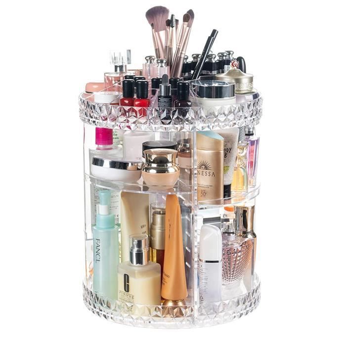Organisateur Maquillage Ajustable Rotatifs à 360 Degrés et Support D'écran Cosmétique, 8 Couches de Rangement Crystal Clear