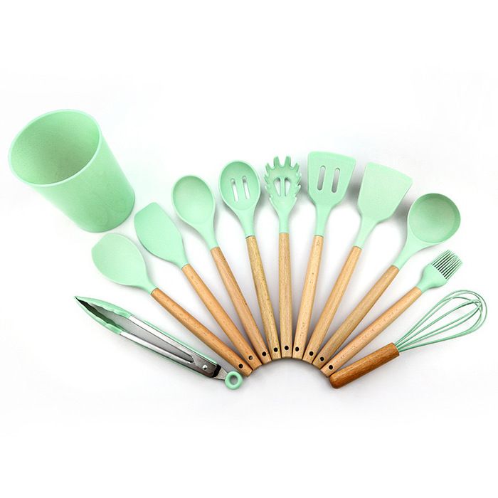 Ustensiles de cuisine - Non spécifié - Set de 11 pièces - Silicone - Manche en bois - Boîte de rangement