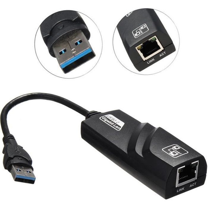 Adaptateur Ethernet USB 3.0 à RJ45 Lan Network USB Carte Gigabit 10/100 / 1000Mbps 3 ports USB3.0 pour Windows