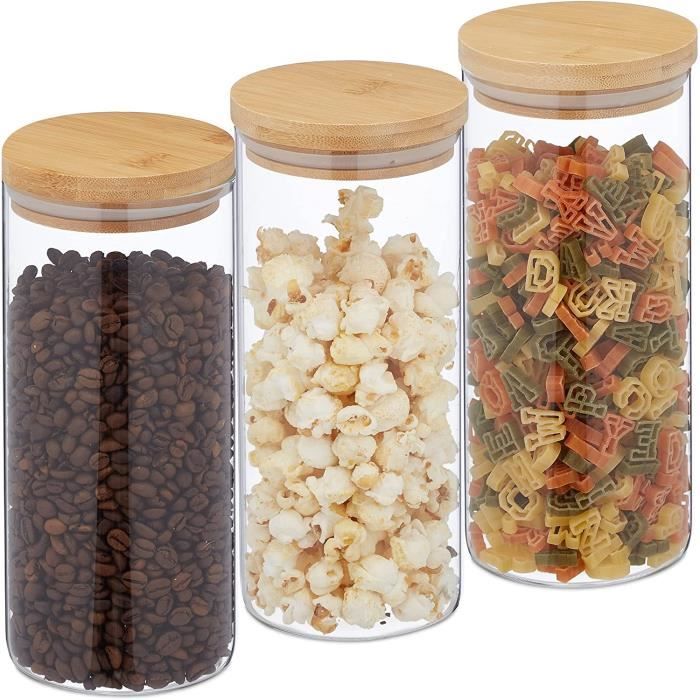 Lot de 3 bocaux en Verre, Couvercle Bambou, Bocal Conservation Rond, 1300 ML, hermétique, Transparent-Nature[883]