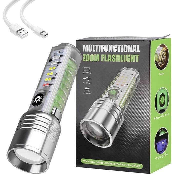 Lampe Torche Rechargeable Lampe de Poche LED Longue Portée avec Coquille Fluorescente, IPX5 Étanche, Lampe Tactique Zoomable à A531