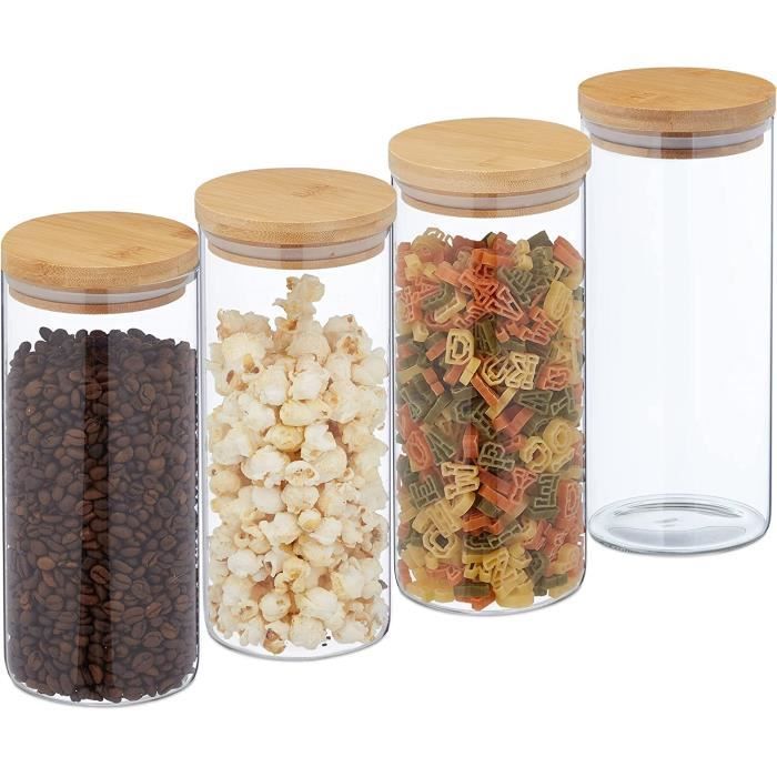 Lot 4 Bocaux Ronds Verre Couvercle Bambou 1300 Ml Hermétique Transparent/naturel