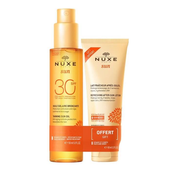 Huile solaire SPF30 Nuxe - Protection visage et corps - Fini satiné - 150ml + Après Soleil 100ml Offert