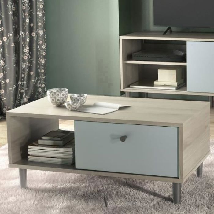Table basse Aïda est fabriquée en panneaux de particules mélaminés en vert de gris avec décor chêne Kronberg et a des pieds noirs...