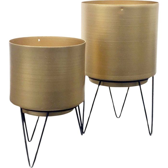 Set de 2 cache-pots dorés avec pieds filaires de différentes tailles