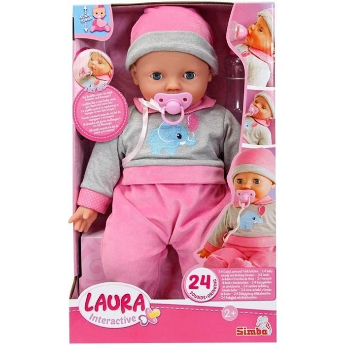 Poupée interactive Laura - SIMBA - Rose - 40 cm - 24 sons de bébés - Sucette et bouteille