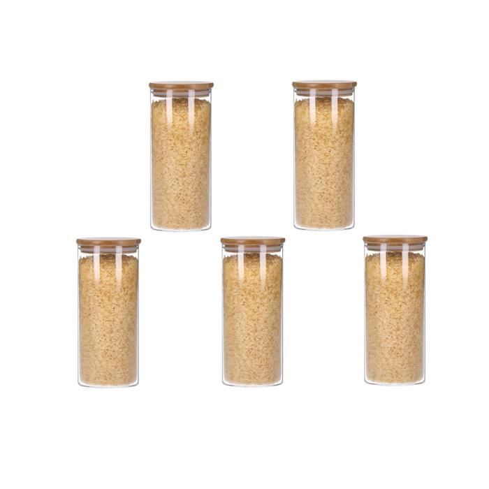 Lot de 5 Bocaux en verre - Capacité 1200 ml Diamètre 100 mm Hauteur 180 mm - avec couvercle en bambou
