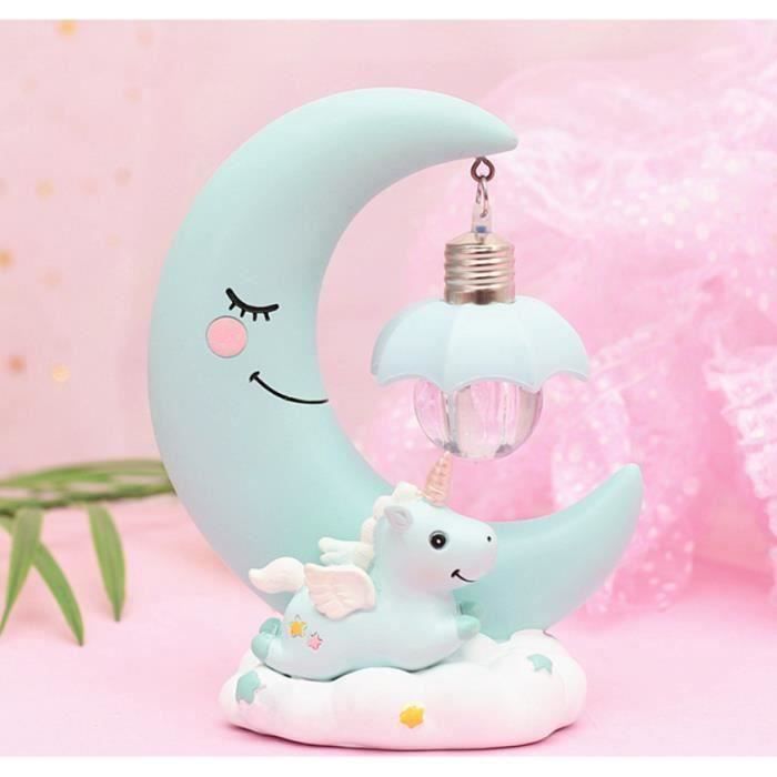 Veilleuse Licorne LED Résine pour Enfant et Bébé, Chambre Lampes de Table en forme Lune Décoration Bleu