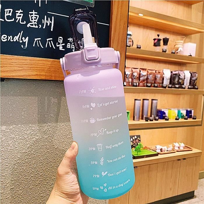 (2000ml|A-Purple)Bouteille d'eau en paille de grande capacité 2l pour enfant fille, tasse en plastique givré mignon échelle de temps