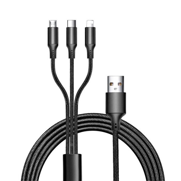 câble USB 3 en 1 et Type C pour recharge rapide, cordon de chargeur pour téléphone portable, compatible avec  Black 1.2m -NOAH5350