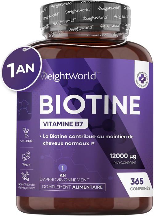 Biotine 12000mcg 365 Comprimés Vegan - Vitamine B8 (1 An) - Sans Gluten - Complément Alimentaire Femme Homme - WeightWorld
