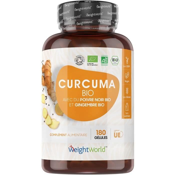 Curcuma Bio 1440 mg avec Poivre Noir et Gingembre Bio - 180 Gélules Vegan Biodisponible (3 mois) - Certifié AB - WeightWorld