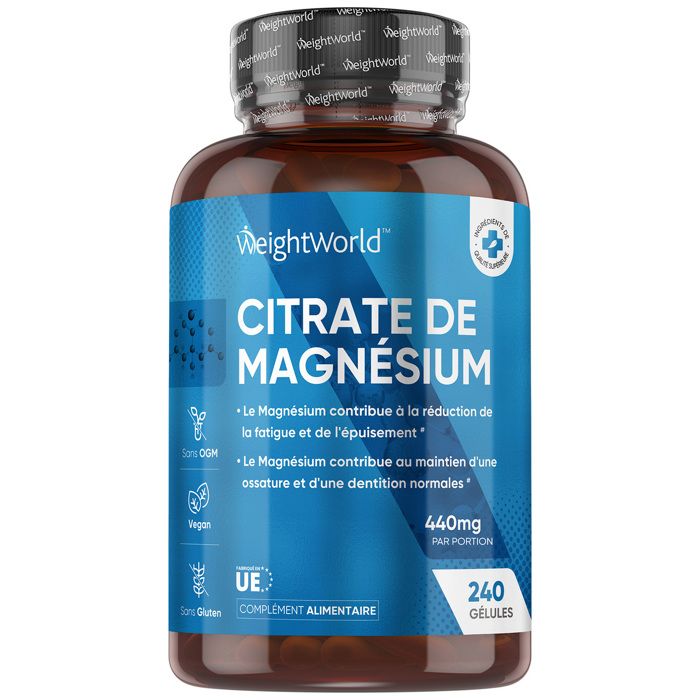 Magnésium Citrate 740mg - 240 Gélules Vegan (8 mois) - Contient 220 mg de