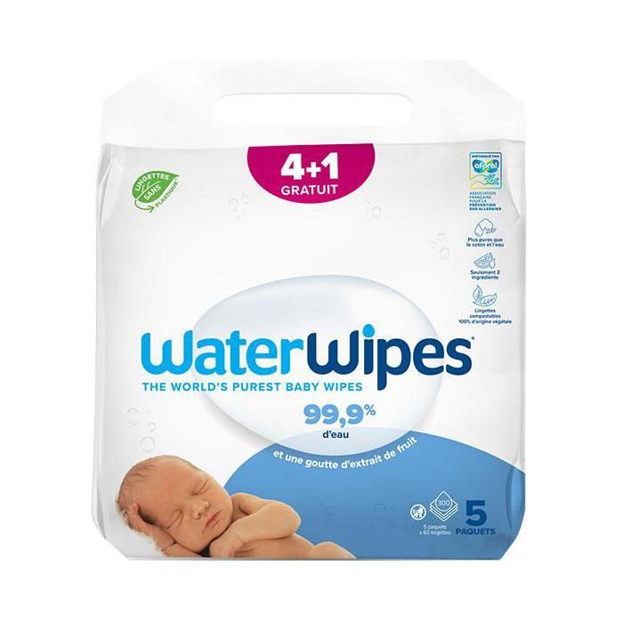 WaterWipes Lingettes Pures – Lot de 4 + 1 Gratuit – 300 Lingettes