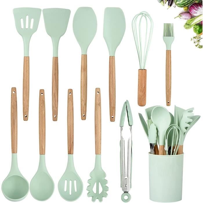 Ustensiles de cuisine en silicone 11 ensembles Spoonula Brush Fouet Spatule Louche Slotted Turner et Spoon Tongs Pasta Fork