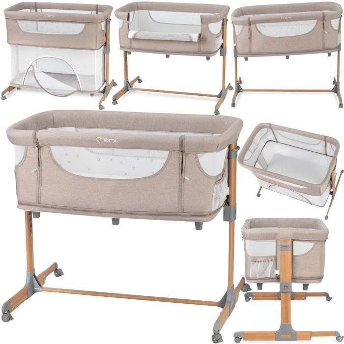 MoMi SMART BED – Lit Cododo Bébé 4-en-1 – Hauteur & Inclinaison – Berceau avec Moustiquaire, Matelas, Accès Latéral – Beige