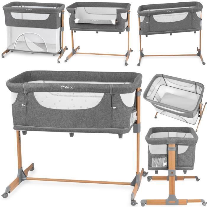 MoMi SMART BED – Lit Cododo Bébé 4-en-1 – Hauteur & Inclinaison – Berceau avec Moustiquaire, Matelas, Accès Latéral – Gris