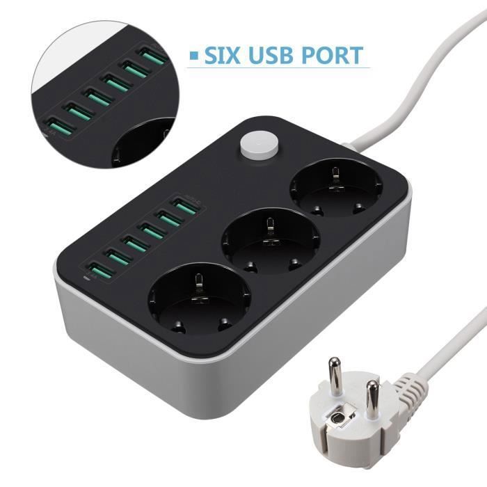 Multiprise EU 3.4 A 5V Chargeur Bureau 3 Prise Alimentation 6 USB Port 1.6m Charger