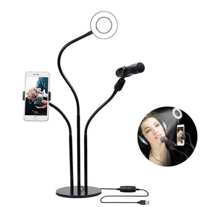 Selfie Anneau Lampe USB LED Live Broadcast avec Porte-Smartphone-Micro pour YouTube Vidéo (Mic,Téléphone NON Inclus)