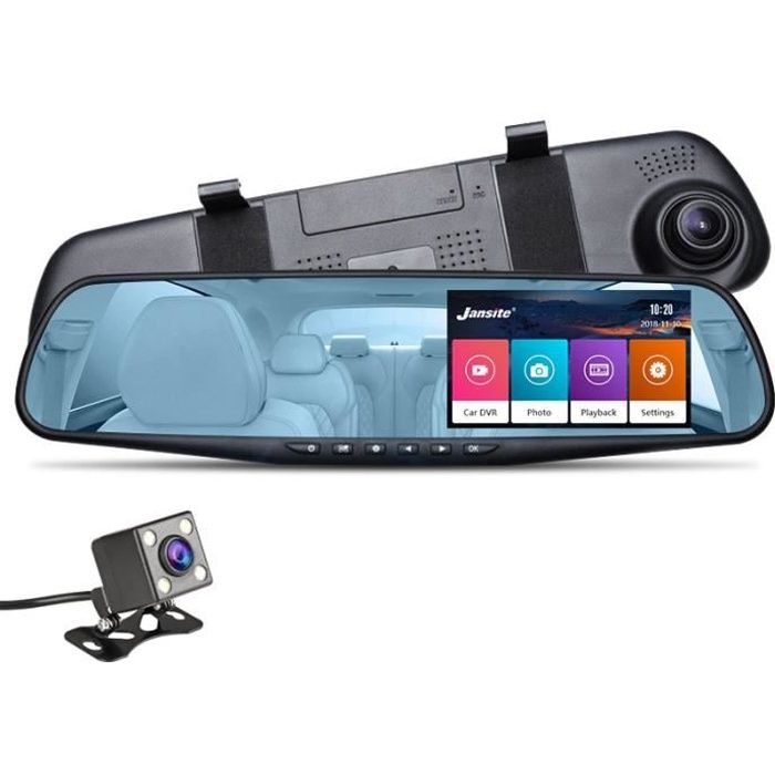 Dash Cam Voiture DVR 4,3" – Double Objectif 1080P – Écran Tactile – Rétroviseur avec Caméra de Recul